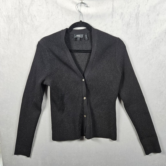 Theory Sweaters - Theory Plaited Cardigan Womens Large Black Metallic Compact Crepe Button‎ Up